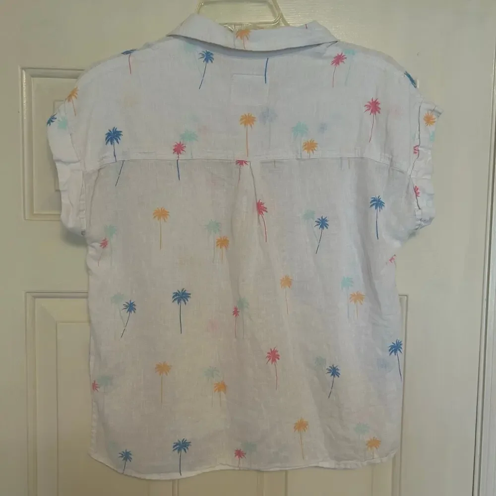 Rails Linen blend short sleeve top White with neon  palm tree pattern. Women S